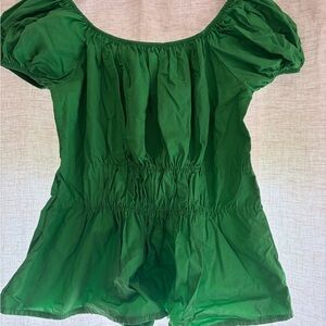 Green Peasant Neck Puff Sleeve Top